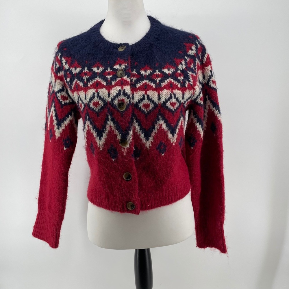 Gap Womens XS / S Petite* Fair Isle Alpaca Wool Blend Cardigan Sweater Red Blue‎